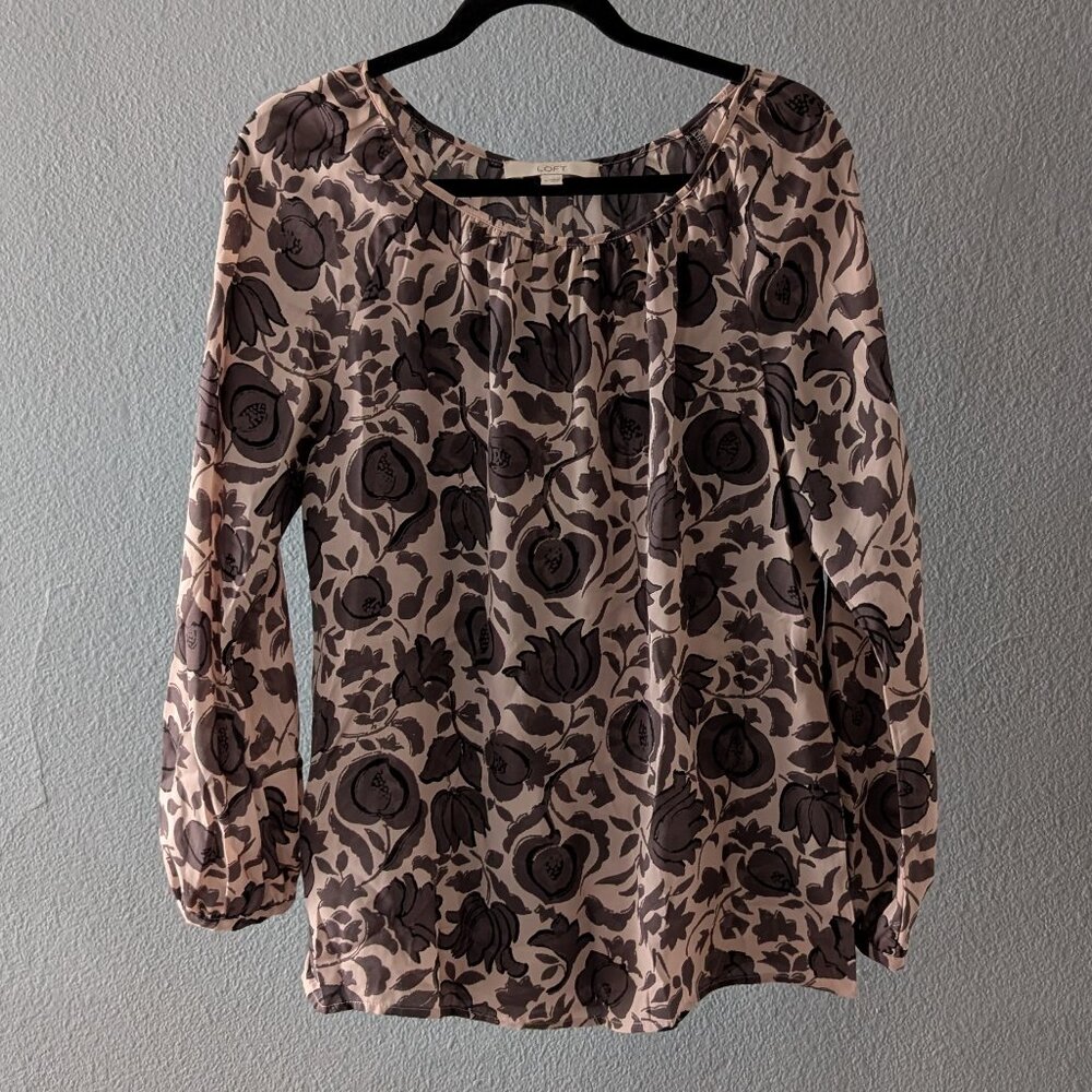 Ann Taylor Loft Pink and Gray Floral Chiffon Blouse